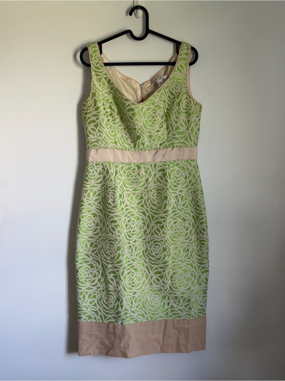 Maggy London Light Green Floral Midi Dress with Cream Trim